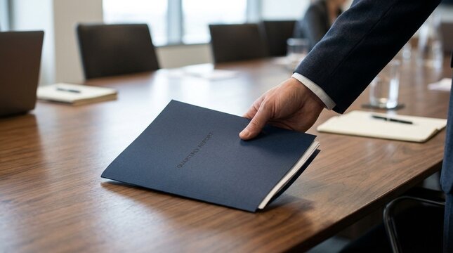 Hand placing report folder on boardroom table, business reporting, executive meeting and document delivery