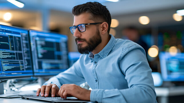Software testing specialist checking a web application interface and database response logs on dual monitors, modern development office, quality assurance, application testing,