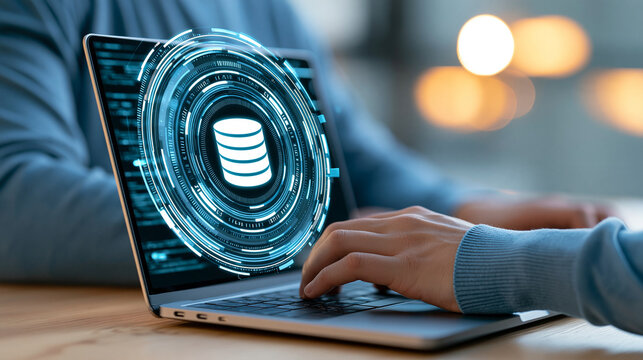 Database developer using a laptop with a glowing database symbol and layered digital architecture diagrams, structured query language, relational data systems, SQL development,