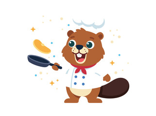 Funny cartoon beaver chef flipping pancake in pan vector character illustration © Ahmad