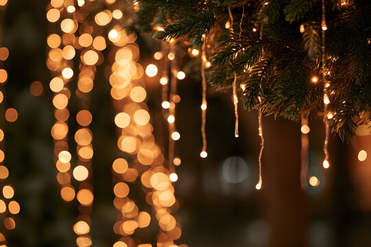 Christmas tree background with Christmas lights and garland