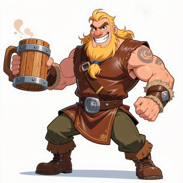 Viking man with massive wooden mug shows determination on white background.