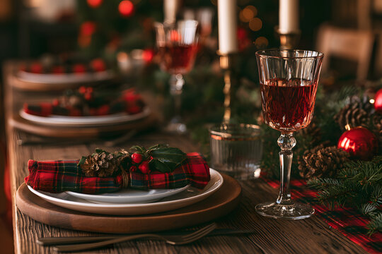 Christmas table setting for traditional lunch or dinner on a rustic table with seasonal greeting cards, tablecloths, tableware, and festive decorations. The concept is family traditions and celebratio