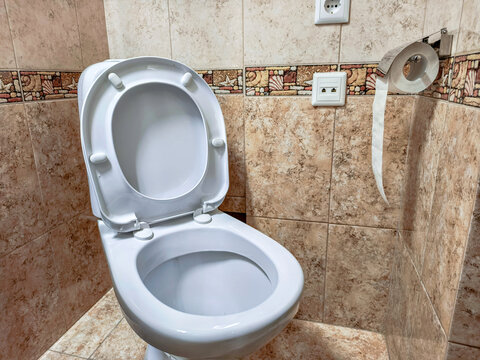 Open white toilet in tiled bathroom with toilet paper roll on wall. Bathroom sanitation and personal hygiene. Household plumbing and restroom facilities. Interior maintenance and cleanliness