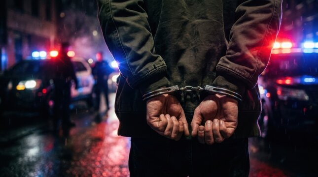 A person in handcuffs stands on a rainy street with police cars and flashing lights in the background, depicting a crime scene or arrest scenario.