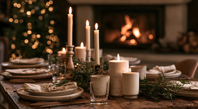 Rustic Christmas table setting with candles and greenery. Festive holiday dinner decor in a cozy room with a fireplace and a tree.
