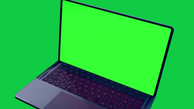 On lid lift laptop opening, showing green screen and rotating to camera for transparent background