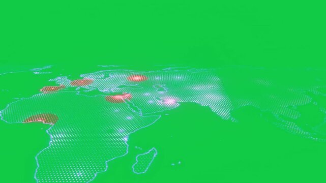 Camera panning back revealing dotted map on transparent grid, nodes pulsing showing network