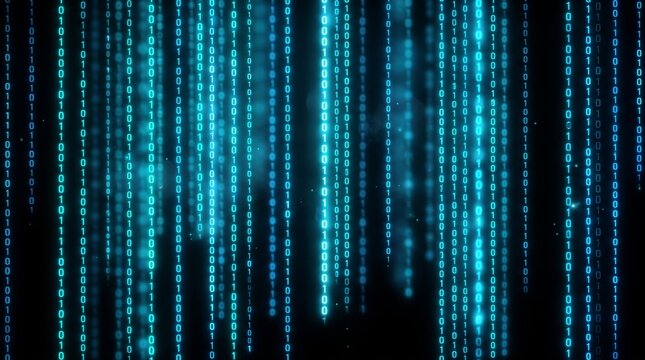 Binary code cascading downward in glowing blue digital matrix streams for technology