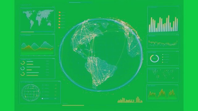 Overlay sliding away, 3D globe rotating arcs pulsing mapping data flows, transparent background