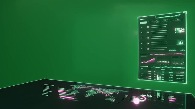 Camera panning back showing holo panel, table updating, pulsing data nodes, background transparent