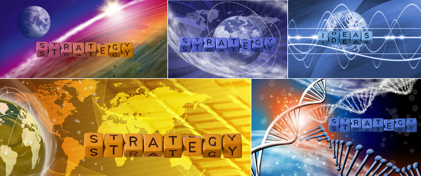 Strategy and ideas graphics with letter tiles, world maps, and a DNA model