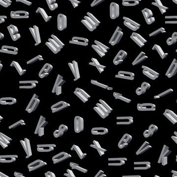 Three-dimensional letters and numbers scattered across a black background. Seamless image.