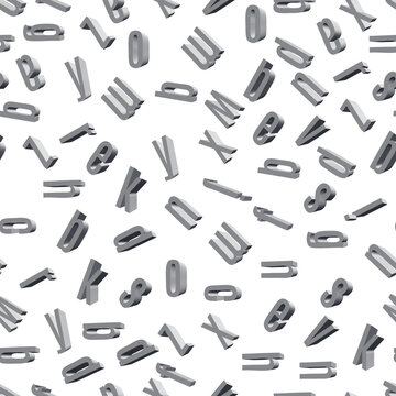 Gray 3D letters and symbols scattered across a white background in a digital design. Seamless image.