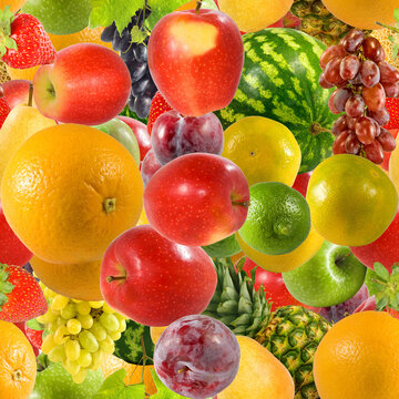 Fruit including apples, oranges, grapes, strawberries, citrus, watermelon, and pineapple arranged together. Seamless image.