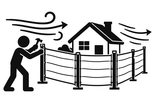 Homeowner Installing a Windbreak Fence to Protect Property from Strong Winds