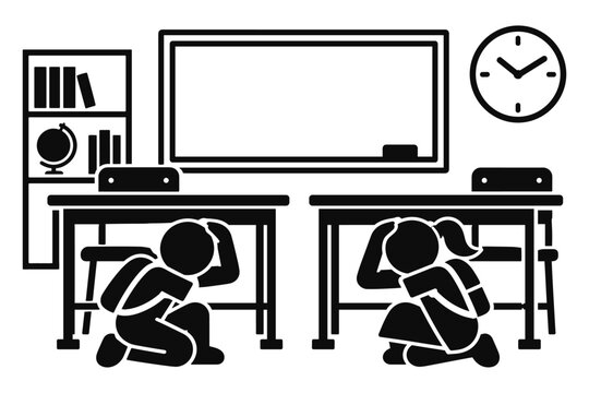 Stick Figure School children Practicing Earthquake Safety Beneath Desks