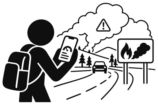Stick Figure Commuter Checking Air Quality Before Traveling During Wildfire Smoke