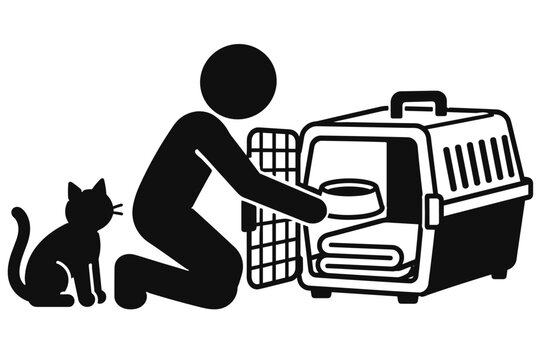 Stick Figure Pet Owner Preparing an Animal Carrier for Emergency Evacuation