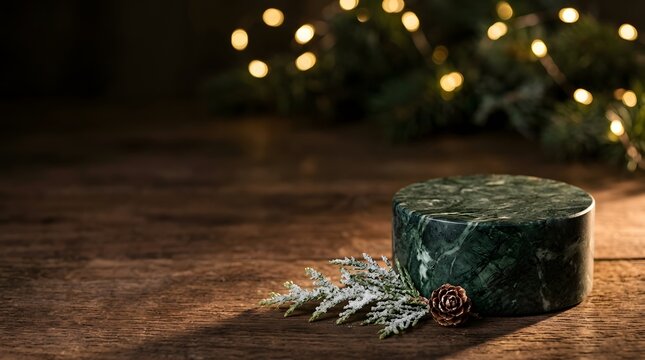 Festive gift box with warm string lights on a rustic wooden table