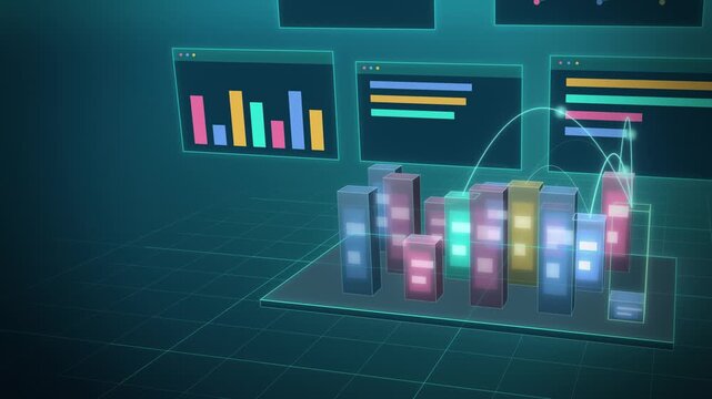 Teal field of glowing token monoliths with attention arcs full scene