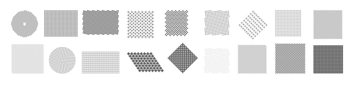 Collection of monochrome perforated panel patterns with dots, crosses, diamonds and lattice grids arranged in square, circular and angled patches on a white background.