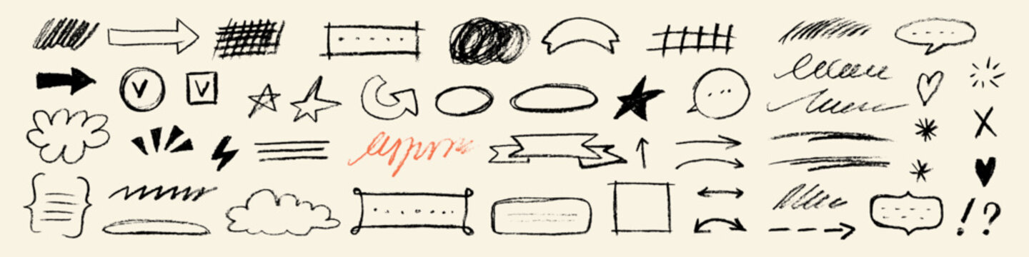 Collection of rough pencil doodles with arrows, stars, hearts, speech bubbles, frames, check marks and scribbled strokes in black with a coral accent on a cream background.