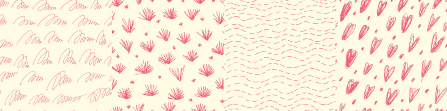 Set of four repeating doodle patterns with pink scribbled loops, radiating strokes, wavy lines and sketchy hearts on a pale cream background for decorative surface designs.