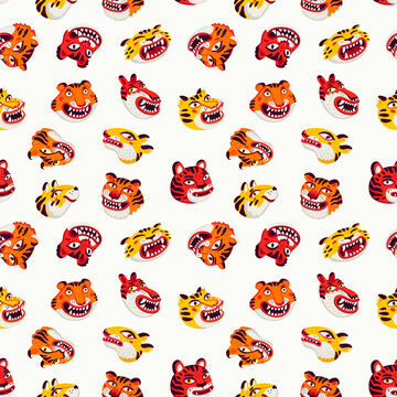 Asian seamless pattern with tiger head icons on white background. Drag to swatches panel to use