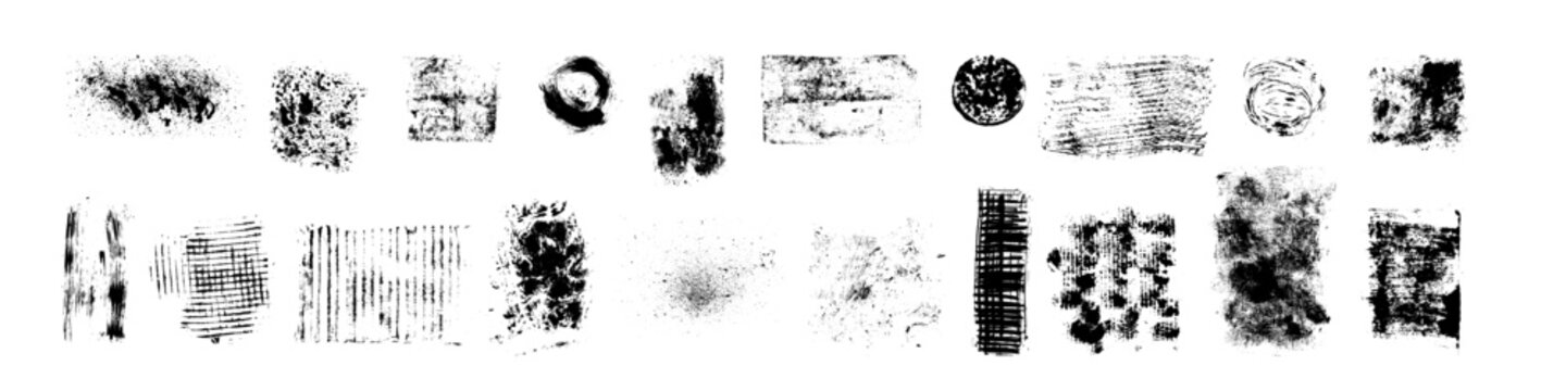 Collection of black grunge texture fragments with rough brush marks, scratched patches, circular prints, stripes and grid impressions isolated on a white background.