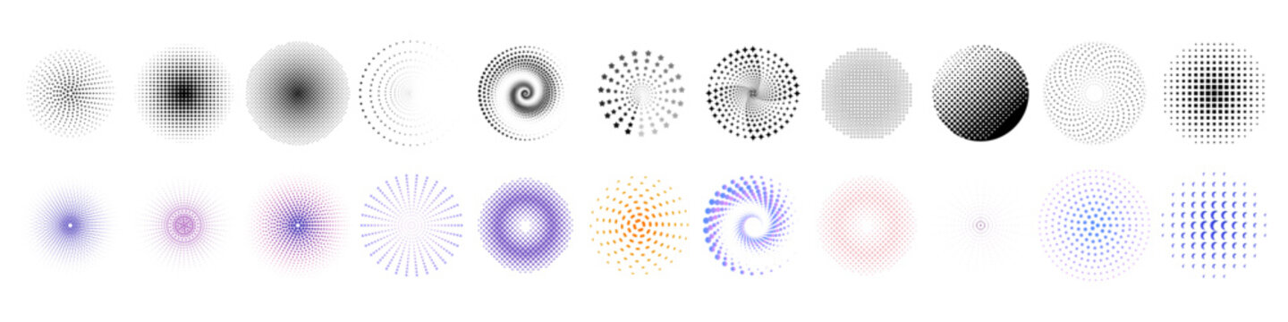 Collection of halftone circles, dotted spirals and radial gradients in black and pastel colors, with stars, diamonds, squares and crescents arranged on a white background.