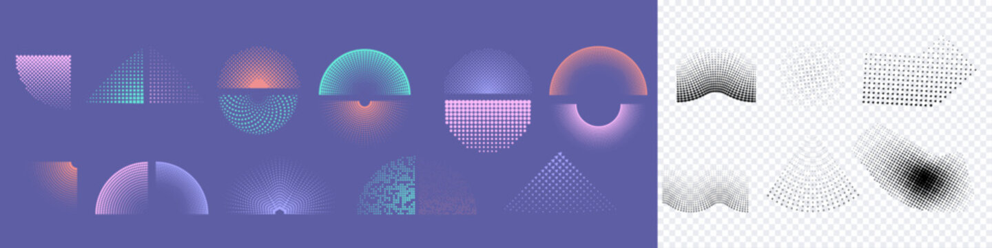 Collection of colorful halftone gradients featuring semicircles, arcs, triangles and flowing waves, with dotted grids and curved geometric forms in pink, turquoise and orange.