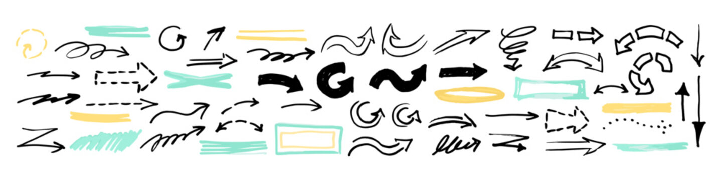 Collection of sketched black arrows with straight, curved, circular and dashed forms, accompanied by yellow and turquoise marker highlights, underlines and frames on white.