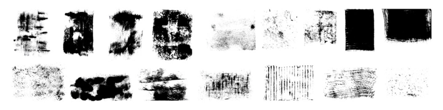 Black grunge texture swatches combine rough paint blocks, faded speckles, scratches and striped impressions. Distressed rectangular marks show varied density on a white background.