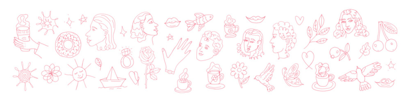 Delicate pink line art collection with female portraits, hands, flowers, birds, butterflies, coffee cups, suns and small decorative symbols arranged on a white background.