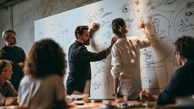 The business team is mapping out an abstract strategy roadmap on the large whiteboard in the office