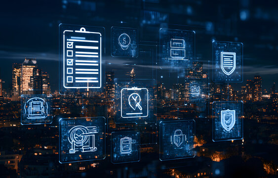 A digital compliance interface featuring a checklist, legal and security icons, set against the night skyline of a city, highlighting corporate governance and audit concepts.