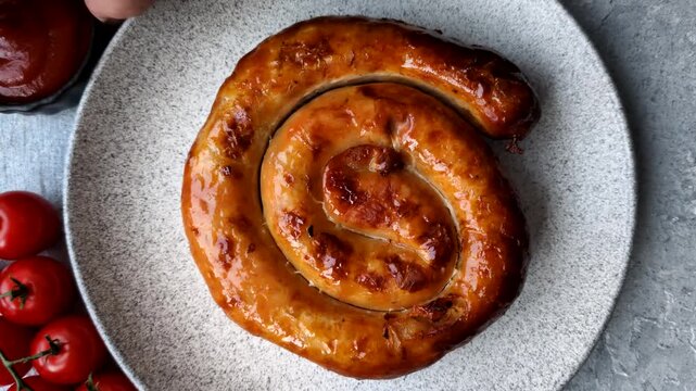 Grilled spiral or snail shaped pork or chicken sausage with salt and spices. Grilled spiral sausage