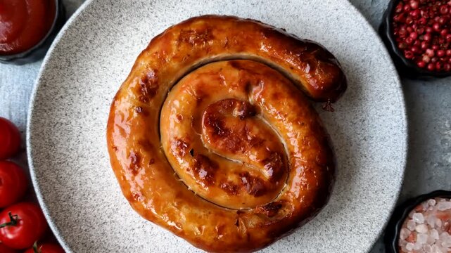 Grilled spiral or snail shaped pork or chicken sausage with salt and spices. Grilled spiral sausage