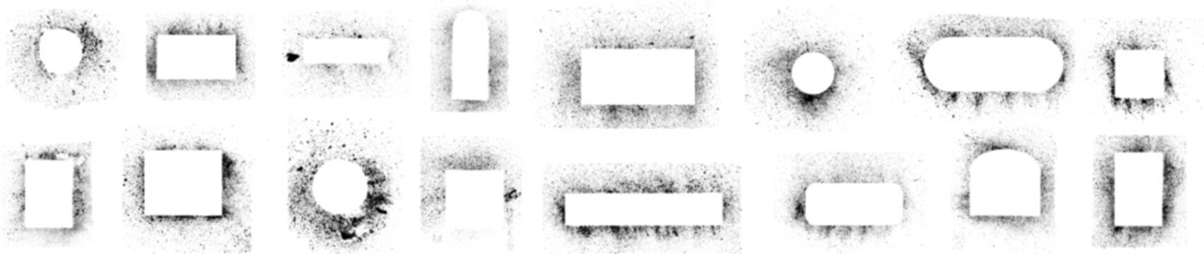 Collection of black spray paint stencil frames with blank white centers, featuring rectangular, circular, square and arched shapes surrounded by rough speckled edges.