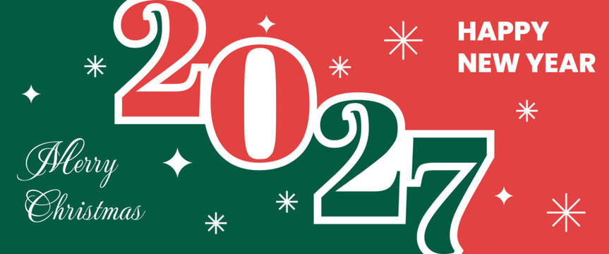 2027 Christmas and New Year Greeting Banner with Festive Typography and Star Decorations