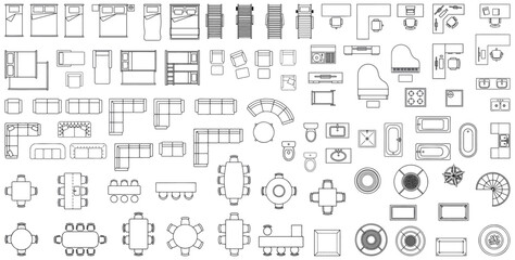 Furniture plan top view CAD symbols   interior architectural symbols for living room bedroom bathroom and office   floor layout blueprint icons set   black line art vector illustration isolated © Stocklume