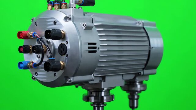 Professional brushless CNC spindle motor rotating horizontally to reveal metallic detail on solid green background