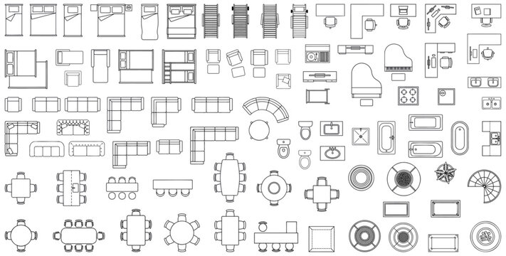 Furniture plan top view CAD symbols | interior architectural symbols for living room bedroom bathroom and office | floor layout blueprint icons set | black line art vector illustration isolated