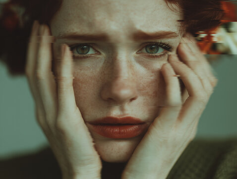 Emotional close-up portrait of a woman holding her face in distress with pixelated digital glitch line artifacts across her eyes.