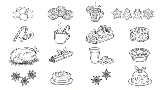 Christmas hand drawn treats and sweets icon set