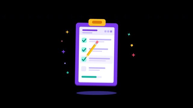 Animated checklist on a clipboard with a pencil marking items and a final award ribbon appearing. Perfect for concepts of task completion, success, and achievements.