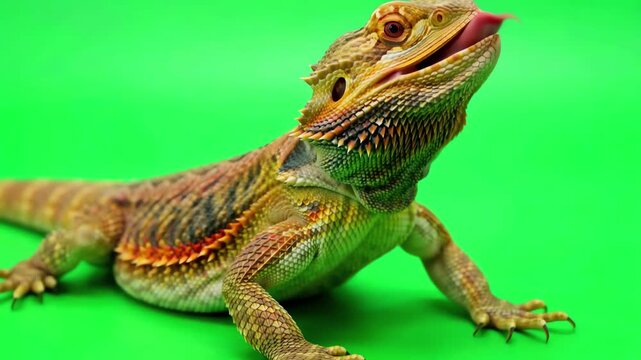 Adult bearded dragon lizard crawling and flicking tongue on solid green screen background for compositing