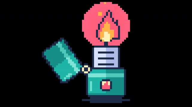 A pixel art animation of a teal lighter opening and igniting a vibrant flame. The animation loops seamlessly, perfect for retro games or digital art projects.
