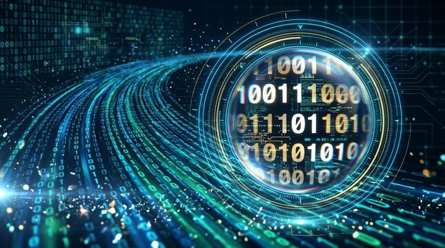 Abstract magnifier over stream of binary code, malware analysis, code review and threat detection concept